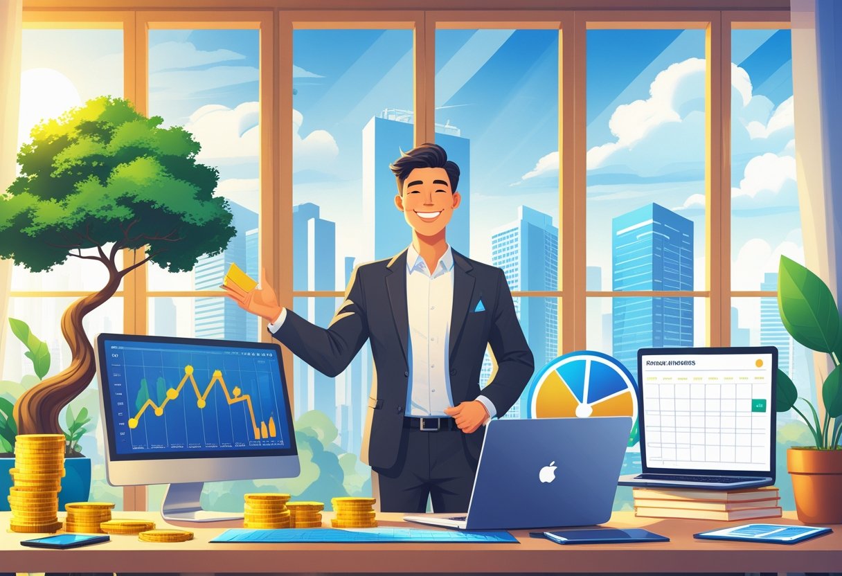 A smiling person in a modern office surrounded by investment charts, gold coins, a money tree, and a city skyline, symbolizing financial freedom and happiness.