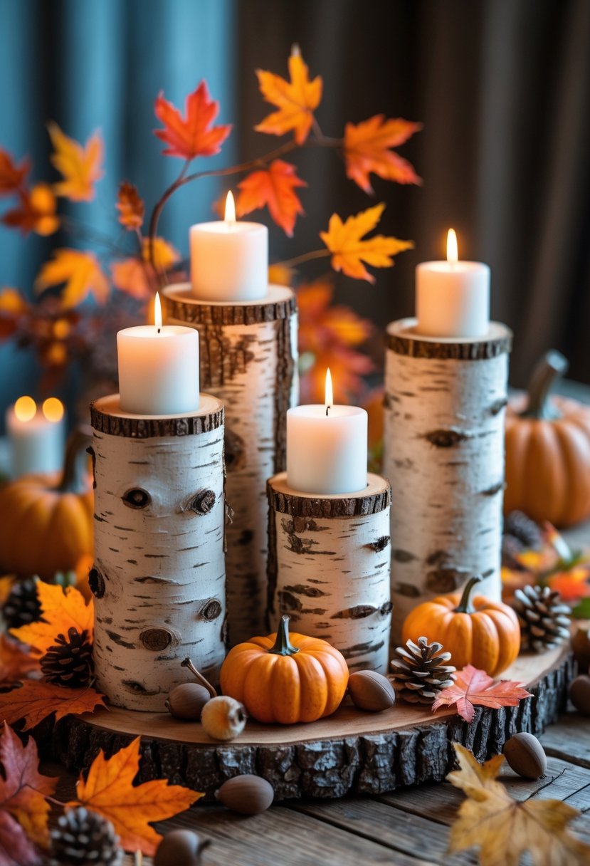 28 Fall Centerpiece Decor Ideas 2025 To Elevate Your Seasonal Table 15 A fall centerpiece with birch log candle holders, lit candles, autumn leaves, pumpkins, and pinecones on a wooden table.