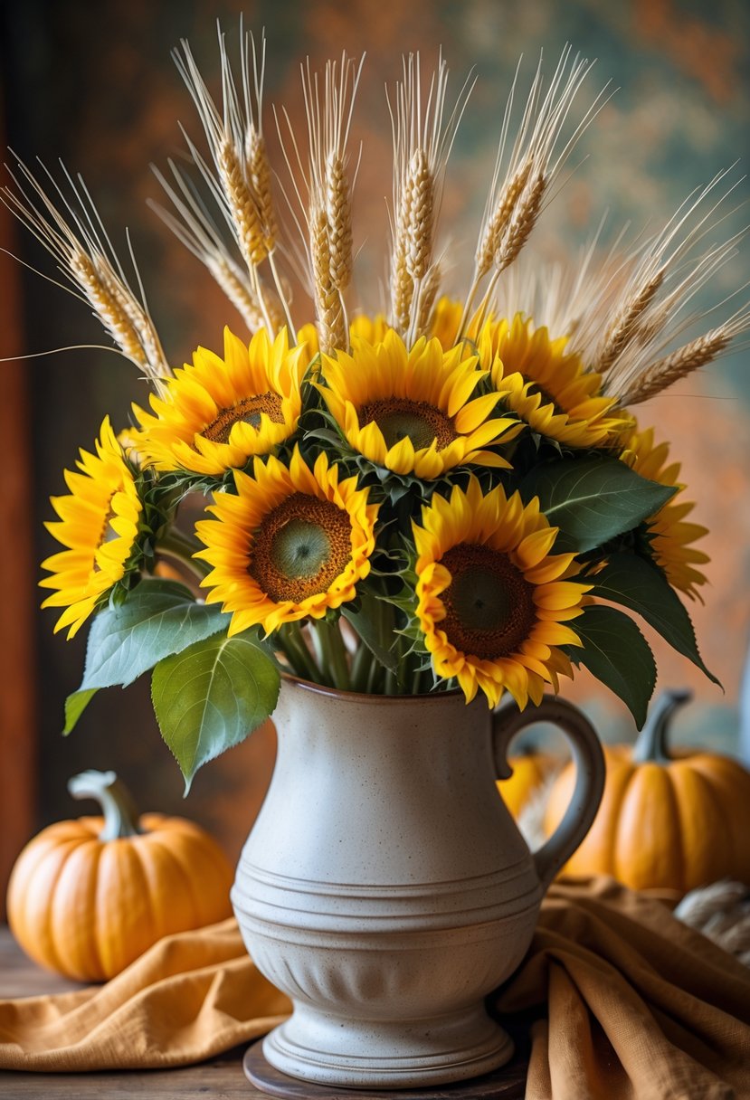 28 Fall Centerpiece Decor Ideas 2025 To Elevate Your Seasonal Table 16 A bundle of sunflowers and wheat stalks arranged in a ceramic pitcher on a wooden table.
