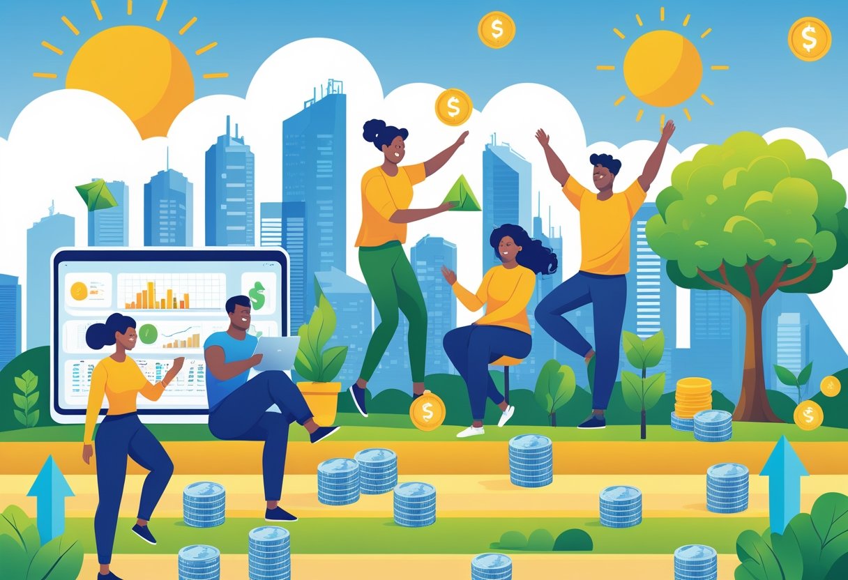 A diverse group of people engaging in activities representing financial success, happiness, and growth with a city skyline and symbols of wealth in the background.