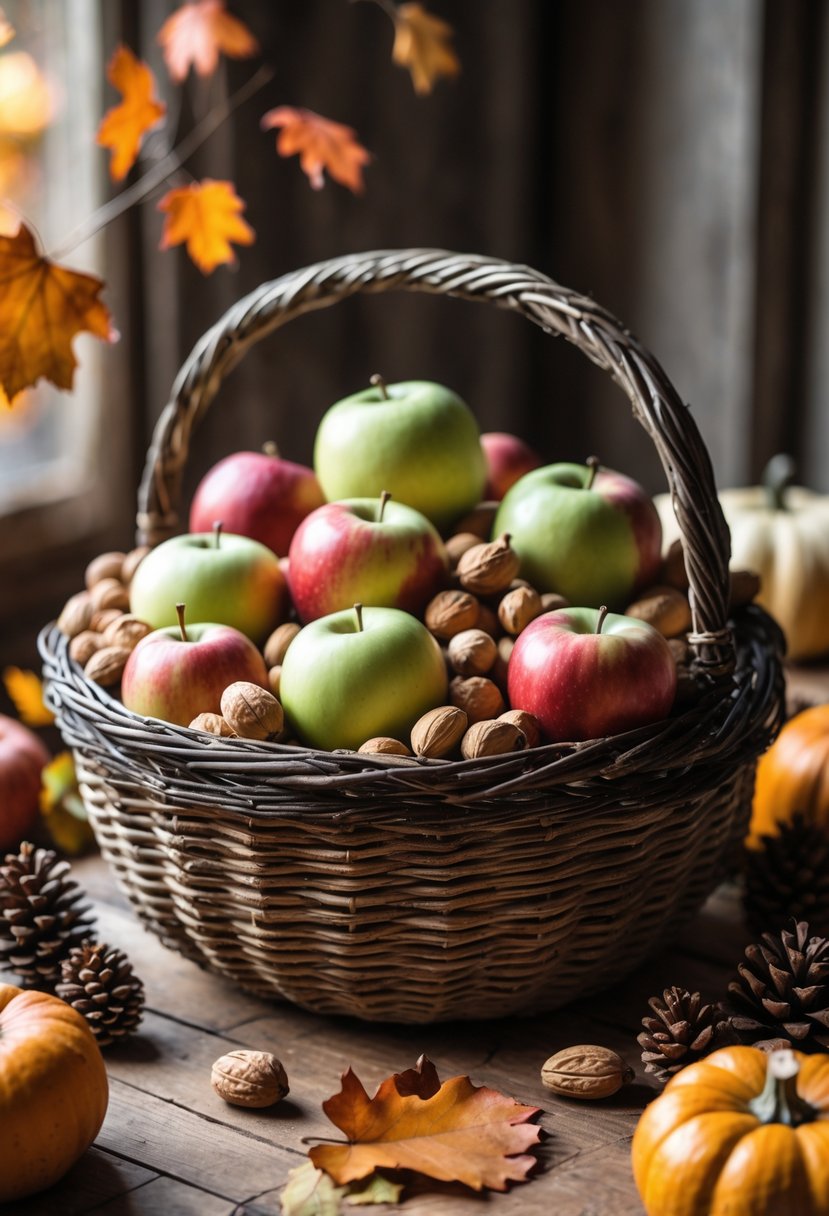 28 Fall Centerpiece Decor Ideas 2025 To Elevate Your Seasonal Table 17 A rustic basket filled with apples and nuts on a wooden table surrounded by autumn leaves and small pumpkins.