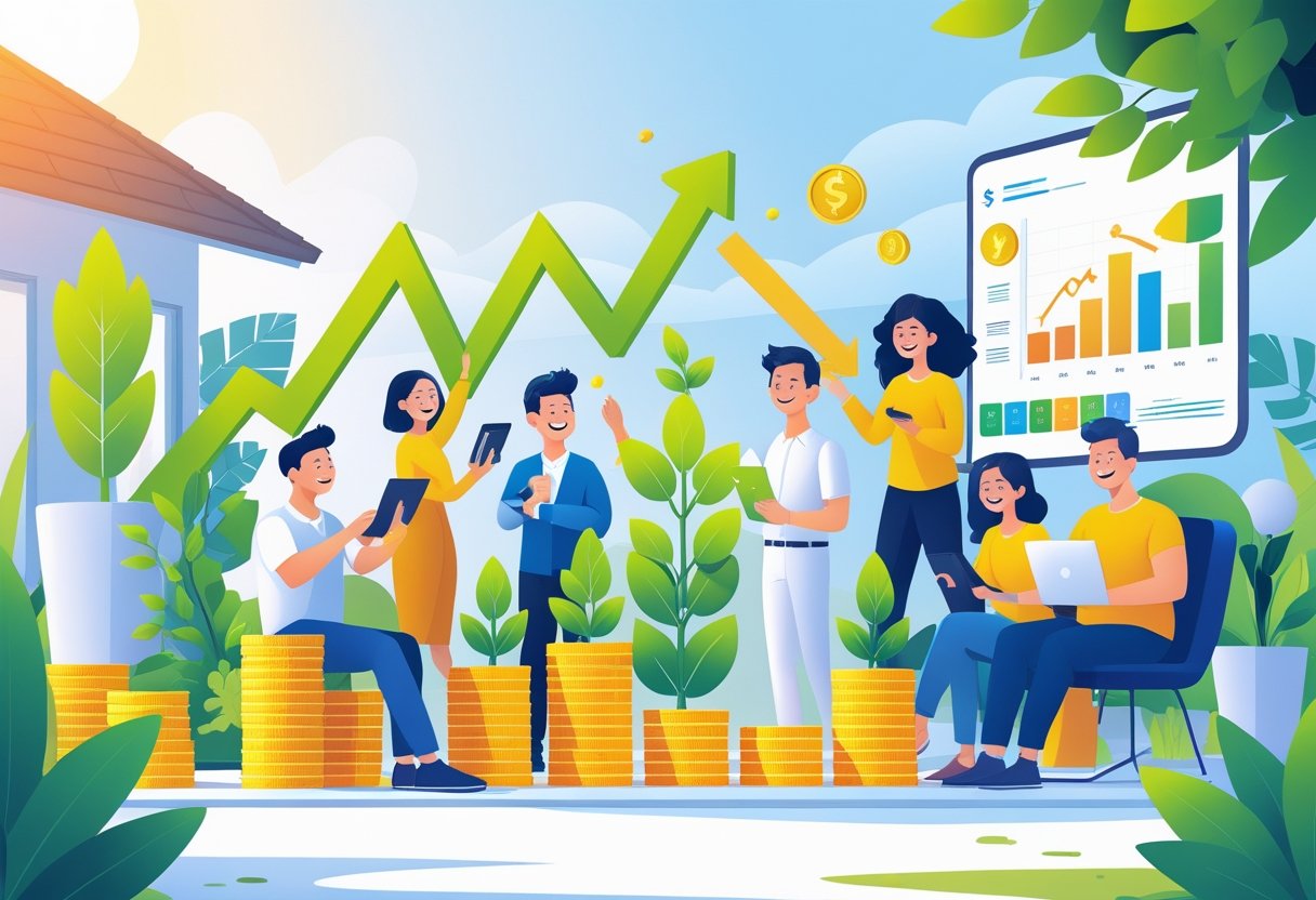 A group of happy people in a bright setting surrounded by symbols of financial growth like plants shaped as graphs, coins, and digital charts, with a peaceful home and outdoor space in the background.