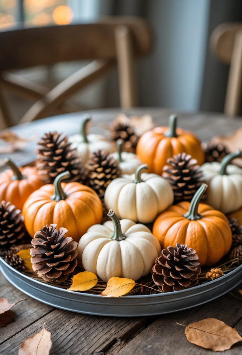 28 Fall Centerpiece Decor Ideas 2025 To Elevate Your Seasonal Table 18 Metal tray holding mini pumpkins and pinecones arranged as a fall centerpiece on a wooden table.