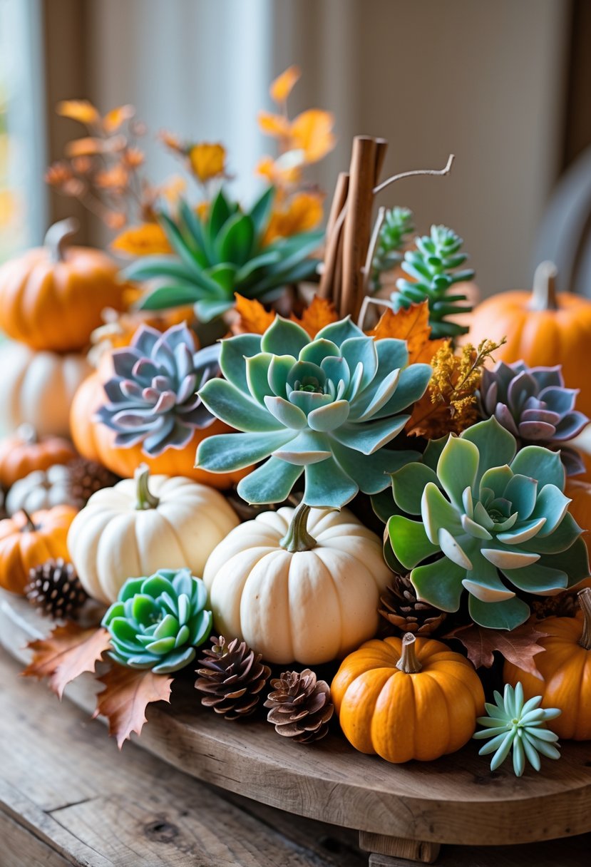 28 Fall Centerpiece Decor Ideas 2025 To Elevate Your Seasonal Table 20 A fall centerpiece with small pumpkins and succulents arranged on a wooden table with autumn leaves and pinecones.