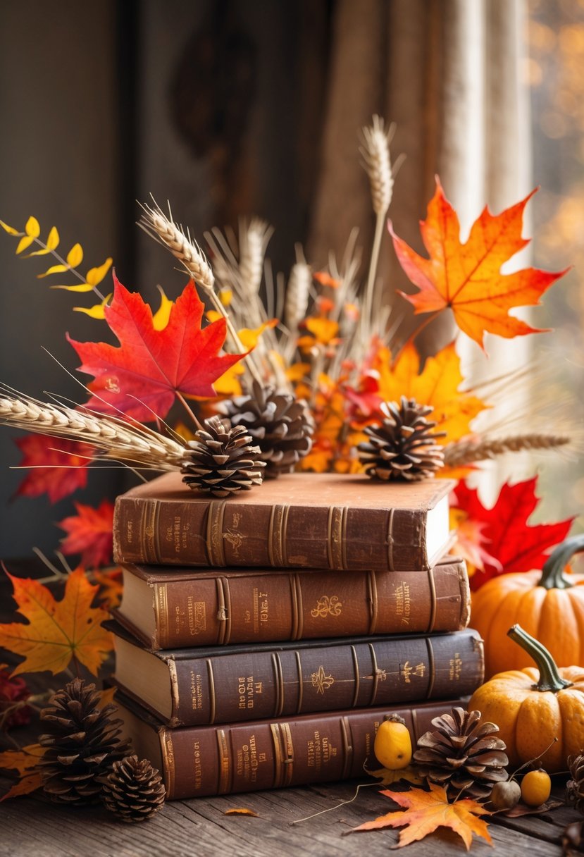 28 Fall Centerpiece Decor Ideas 2025 To Elevate Your Seasonal Table 21 A stack of vintage books surrounded by colorful fall leaves, small pumpkins, pinecones, and dried wheat on a wooden table.
