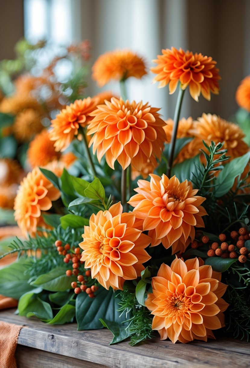 28 Fall Centerpiece Decor Ideas 2025 To Elevate Your Seasonal Table 22 A cluster of bright orange dahlias and green leaves arranged as a fall centerpiece on a wooden table.
