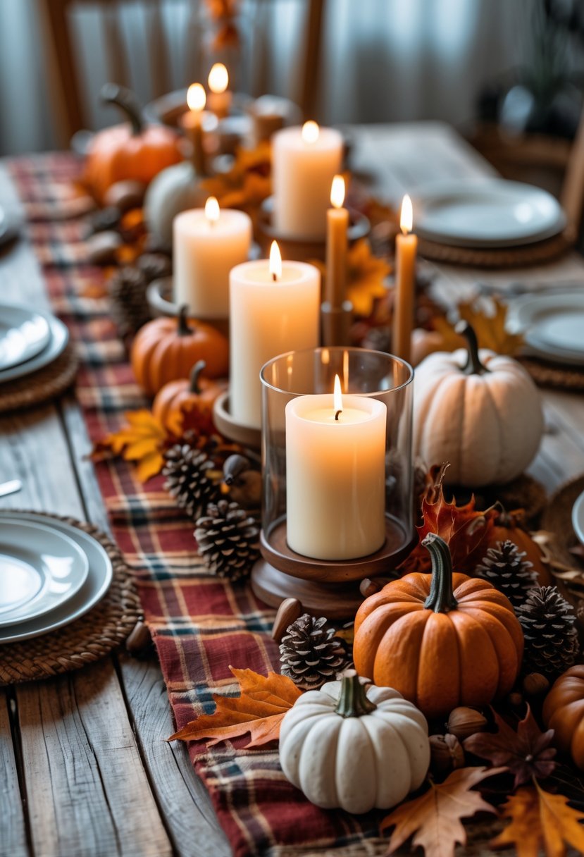 28 Fall Centerpiece Decor Ideas 2025 To Elevate Your Seasonal Table 23 A fall centerpiece on a wooden table with a plaid fabric runner, lit candles, small pumpkins, pinecones, and dried leaves.