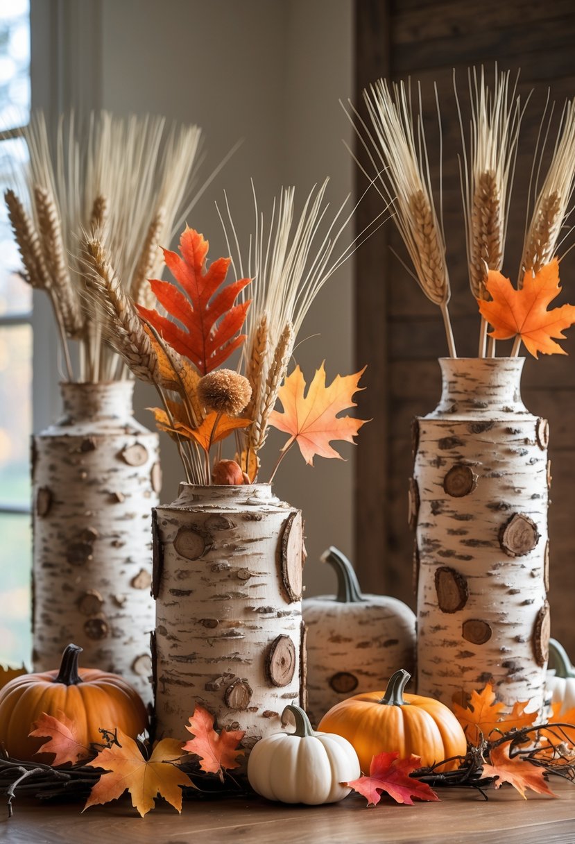 28 Fall Centerpiece Decor Ideas 2025 To Elevate Your Seasonal Table 24 A collection of vases wrapped in birch bark filled with autumn leaves, wheat stalks, and small pumpkins arranged on a wooden table.