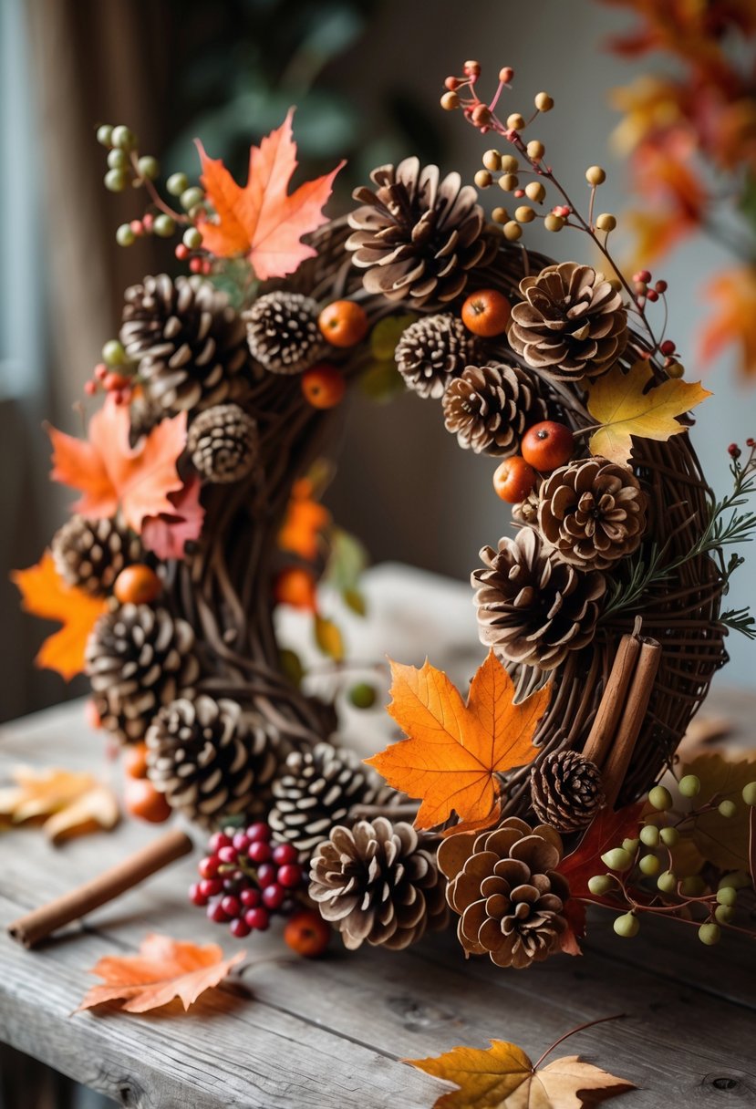28 Fall Centerpiece Decor Ideas 2025 To Elevate Your Seasonal Table 25 A fall centerpiece wreath made of pinecones, cinnamon sticks, autumn leaves, and berries on a wooden table.