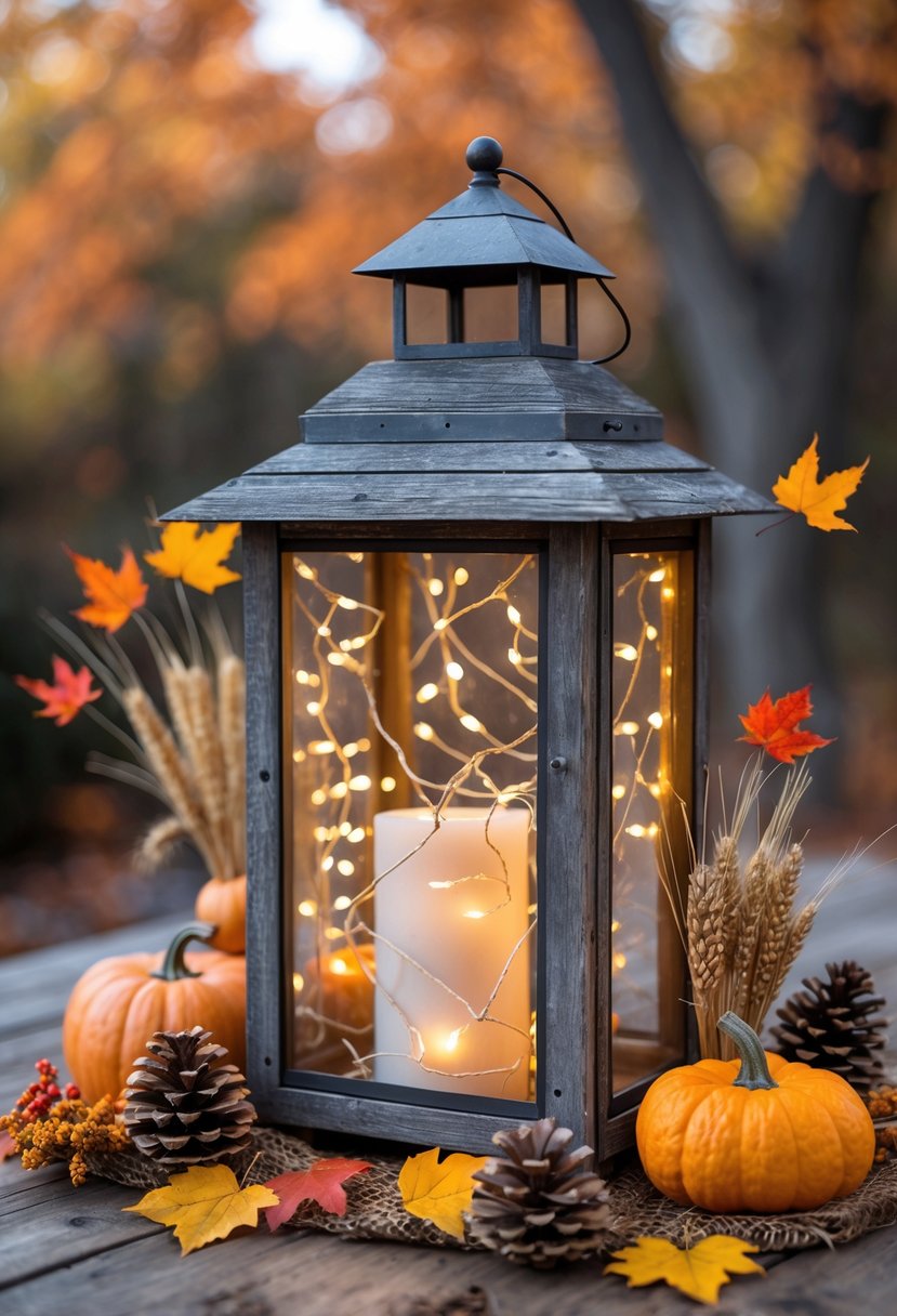 28 Fall Centerpiece Decor Ideas 2025 To Elevate Your Seasonal Table 26 A rustic wooden lantern with glowing fairy lights surrounded by autumn leaves, pumpkins, and pinecones on a wooden table.