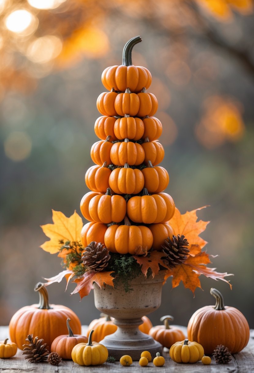 28 Fall Centerpiece Decor Ideas 2025 To Elevate Your Seasonal Table 27 A mini pumpkin topiary centerpiece with autumn leaves and pine cones on a table.