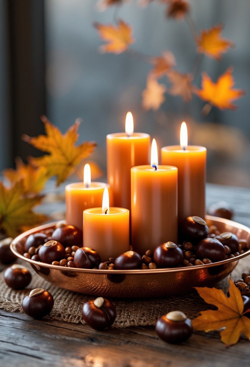 28 Fall Centerpiece Decor Ideas 2025 To Elevate Your Seasonal Table 29 A copper tray holding lit candles and chestnuts arranged as a fall centerpiece on a wooden table.