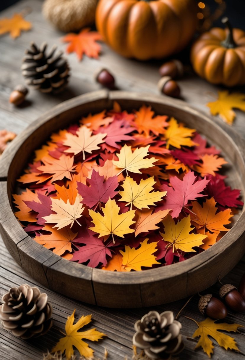 28 Fall Centerpiece Decor Ideas 2025 To Elevate Your Seasonal Table 30 A wooden tray filled with colorful maple leaf confetti in red, orange, and yellow on a wooden surface with fall decorations around it.