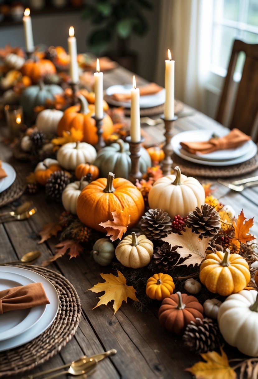 28 Fall Centerpiece Decor Ideas 2025 To Elevate Your Seasonal Table 31 A fall centerpiece with pumpkins, gourds, pinecones, dried leaves, and candles arranged on a wooden dining table.