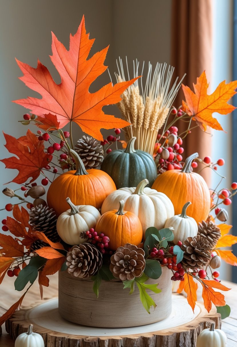 28 Fall Centerpiece Decor Ideas 2025 To Elevate Your Seasonal Table 32 A fall centerpiece on a wooden table featuring pumpkins, colorful autumn leaves, pinecones, dried wheat, and red berries in a rustic container.