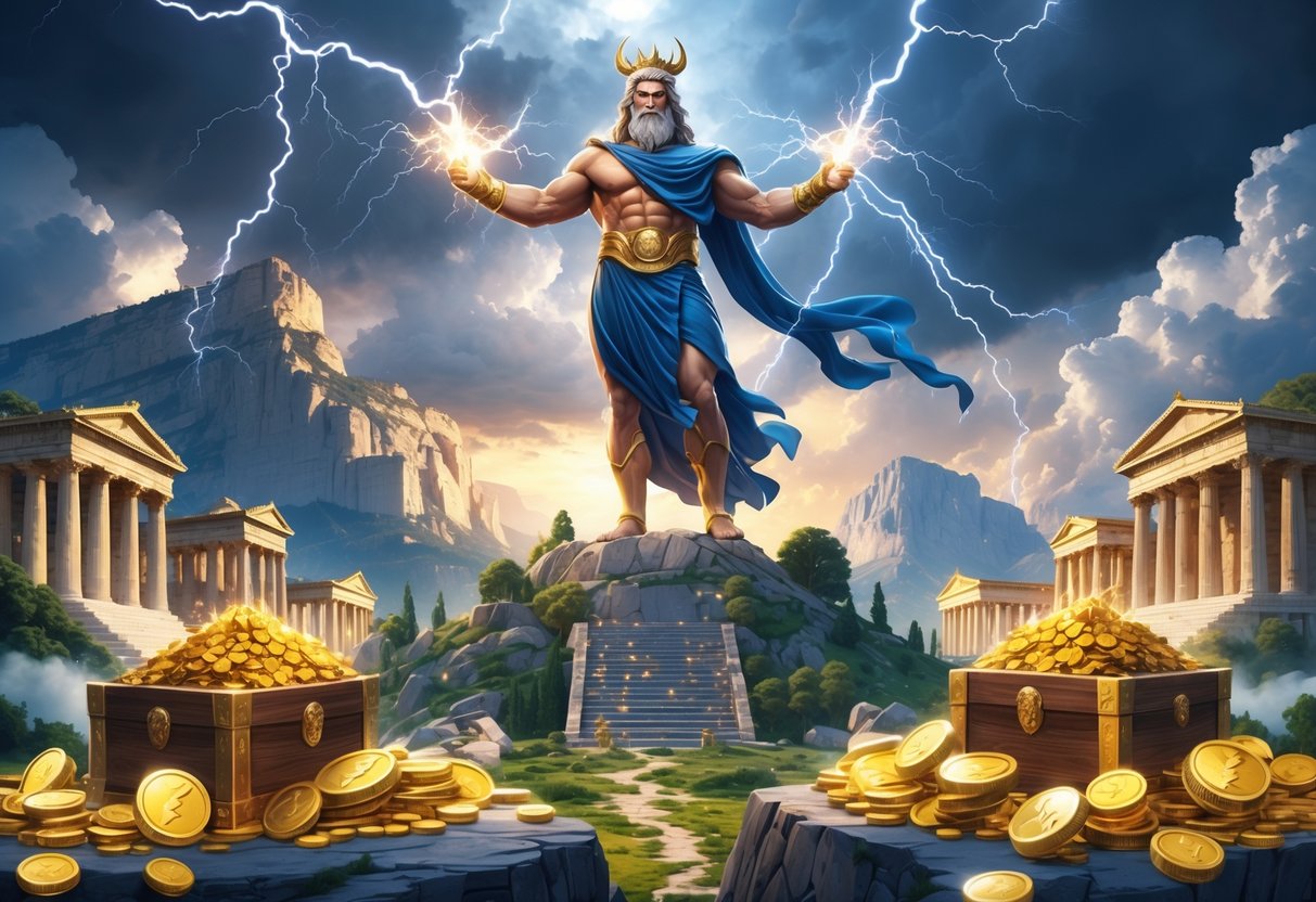 Zeus berdiri di puncak gunung dengan petir di tangan, dikelilingi oleh kuil kuno dan harta karun yang melimpah.