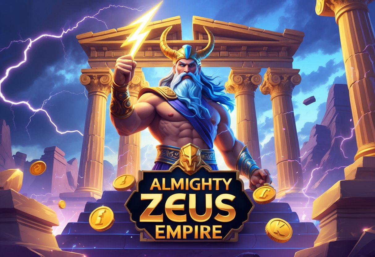 Ilustrasi Zeus yang kuat berdiri di depan kuil Yunani kuno dengan petir menyambar dan simbol slot seperti koin dan harta karun di sekitarnya.