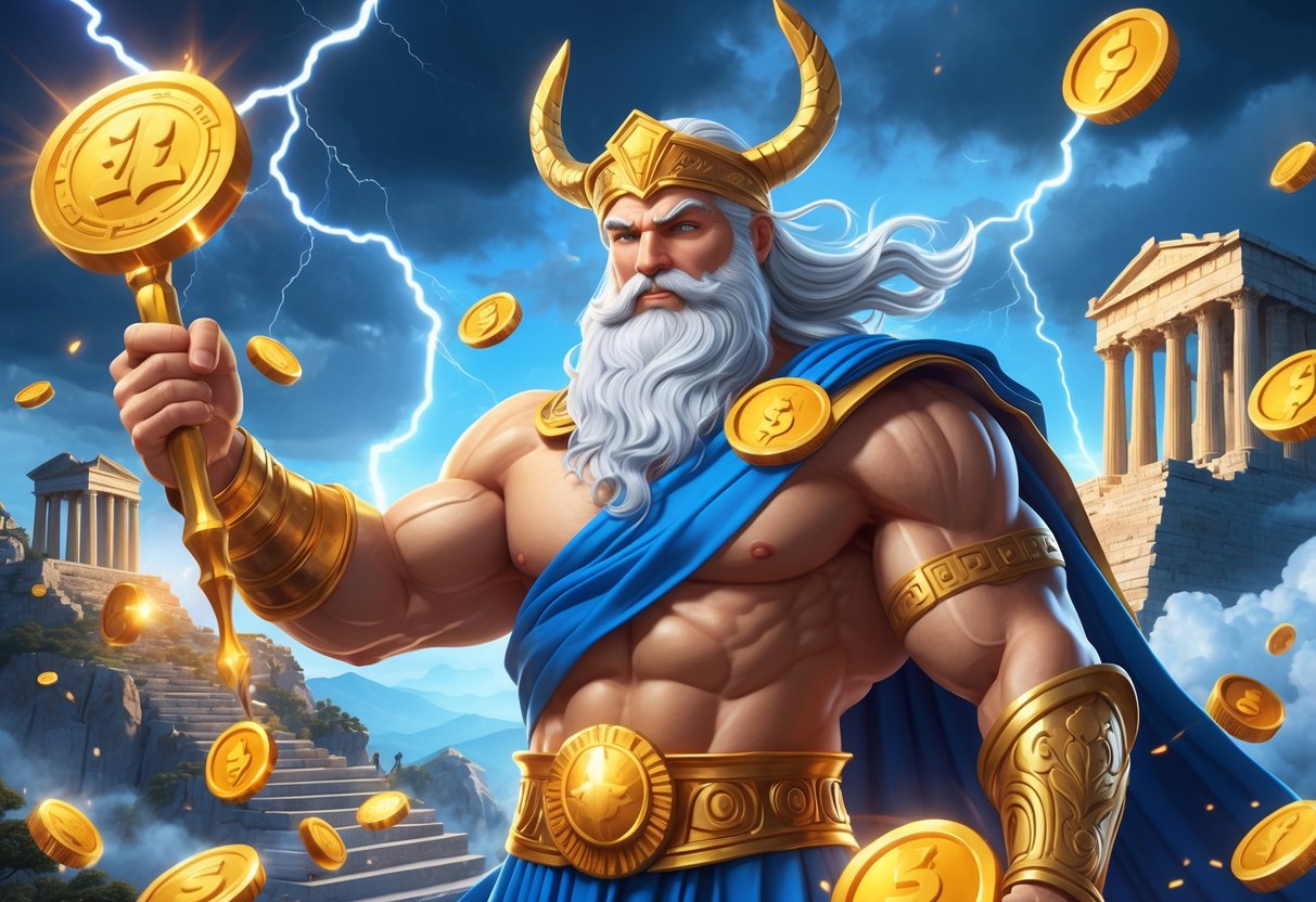 Ilustrasi seorang dewa Zeus yang kuat memegang petir di depan kuil Yunani kuno dengan simbol koin, harta karun, dan permata yang bersinar di sekitarnya.