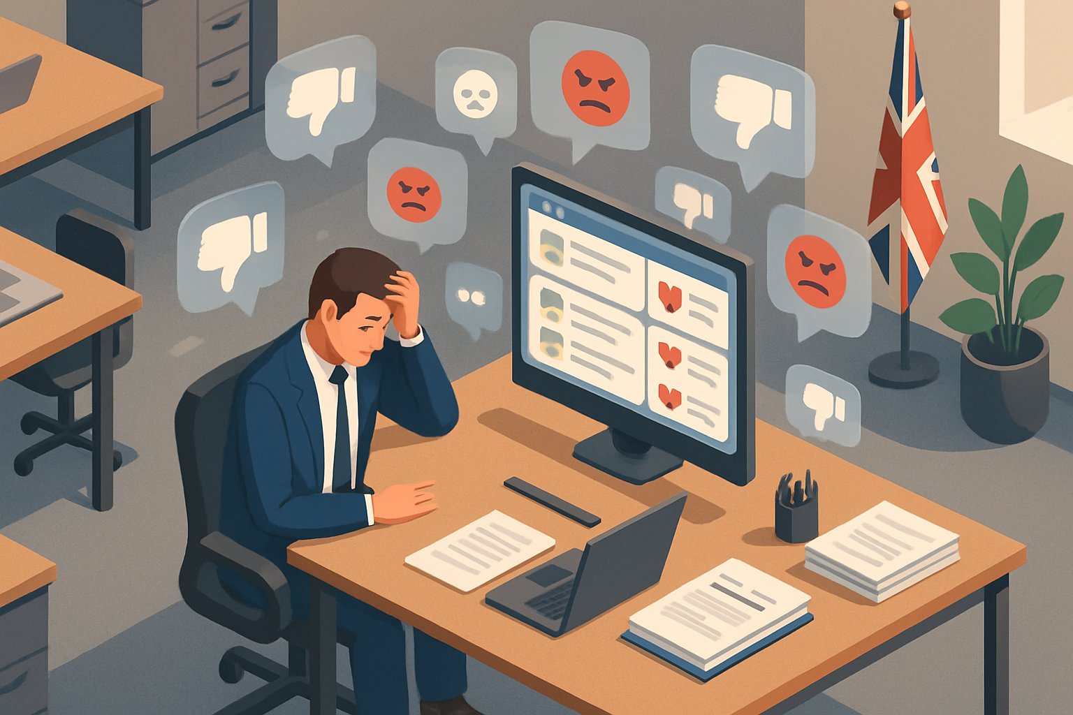 A business owner in an office looking at a computer screen showing negative online comments, with speech bubbles representing criticism floating around.