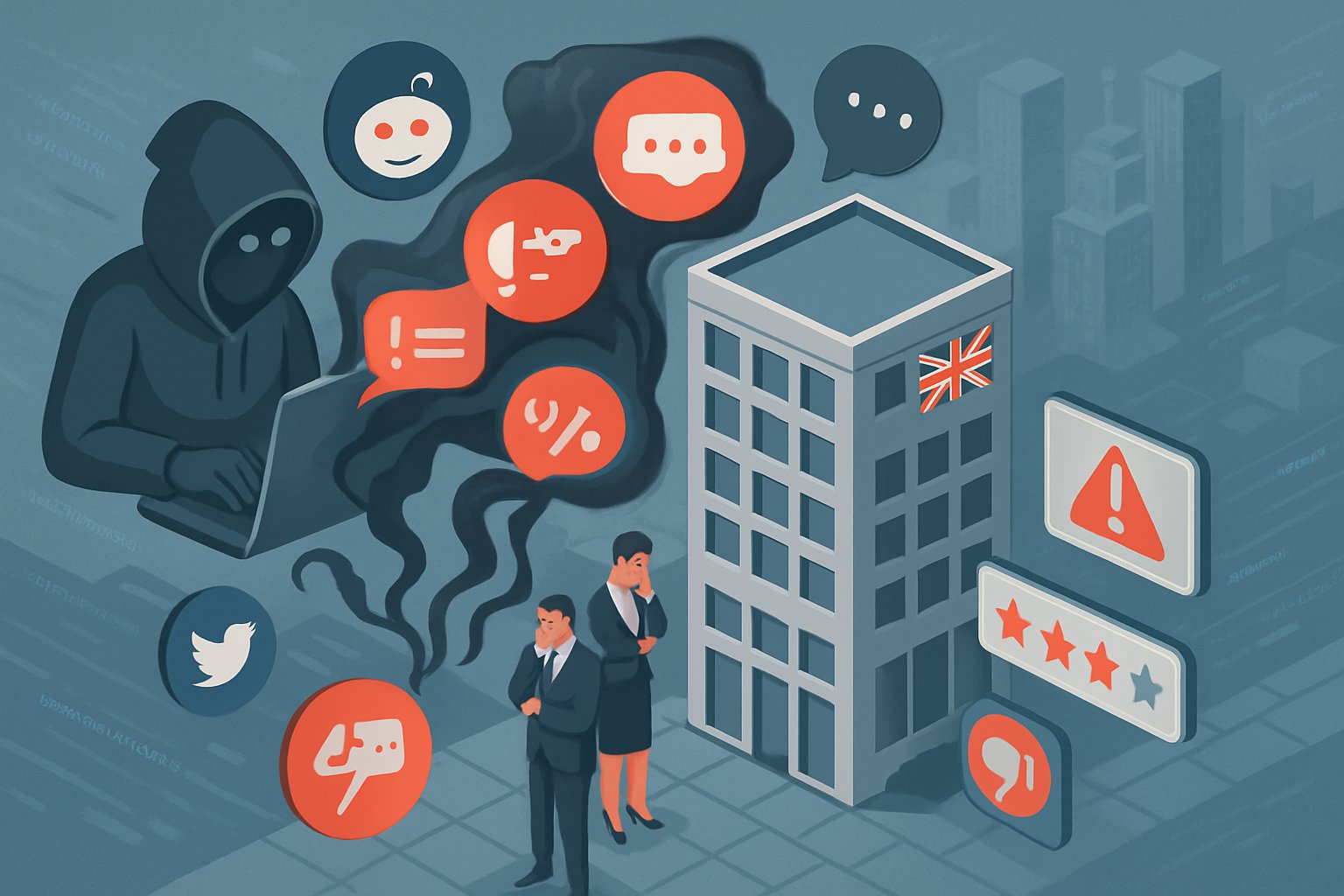 A digital city scene showing a UK office building surrounded by floating social media icons and a person typing on a laptop, with dark lines connecting negative comments to the building and concerned businesspeople outside.