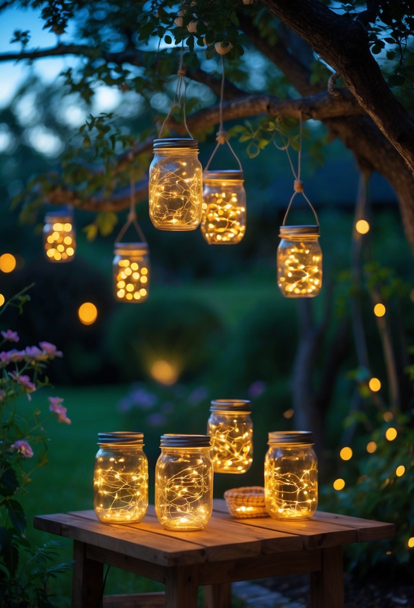 Several mason jars filled with glowing fairy lights arranged on a table and hanging from tree branches in a garden at twilight.