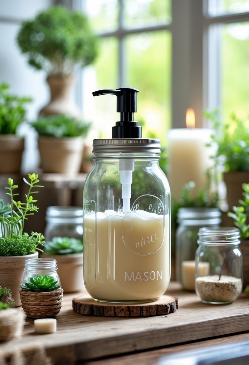 A rustic mason jar soap dispenser on a wooden countertop surrounded by mason jar crafts and small plants, with natural light and greenery in the background.