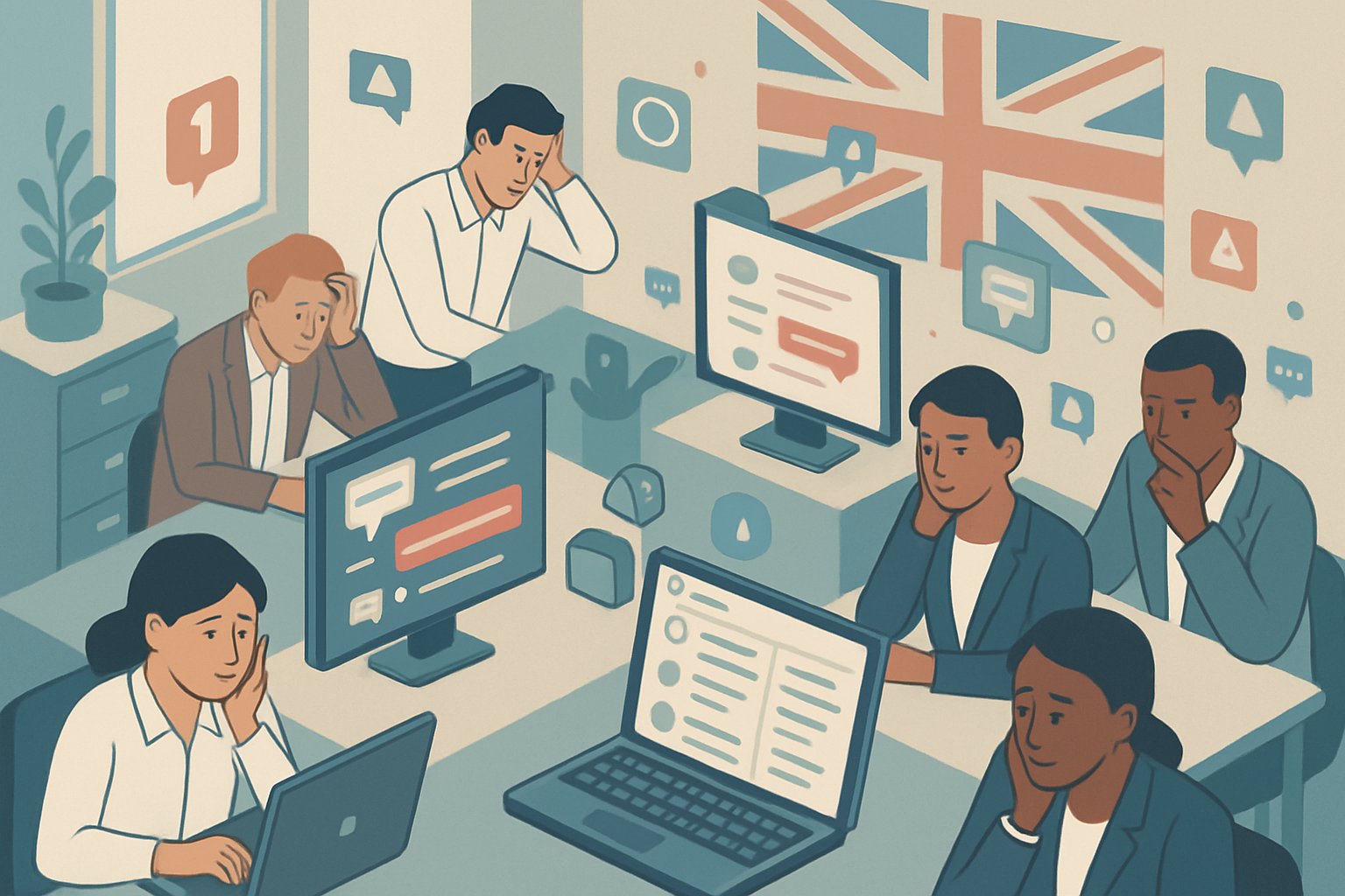 An office scene showing UK business owners looking worried as they check computers displaying negative online comments and social media threads.