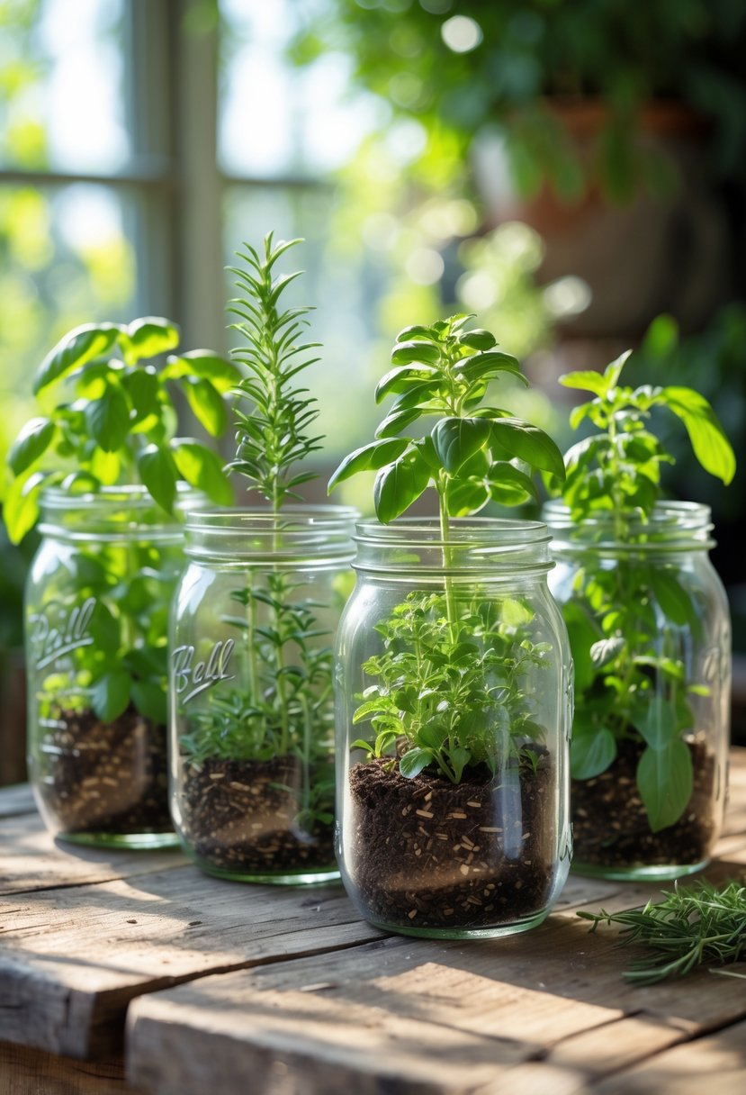 Several mason jars filled with different fresh herbs arranged on a wooden surface with a garden background.