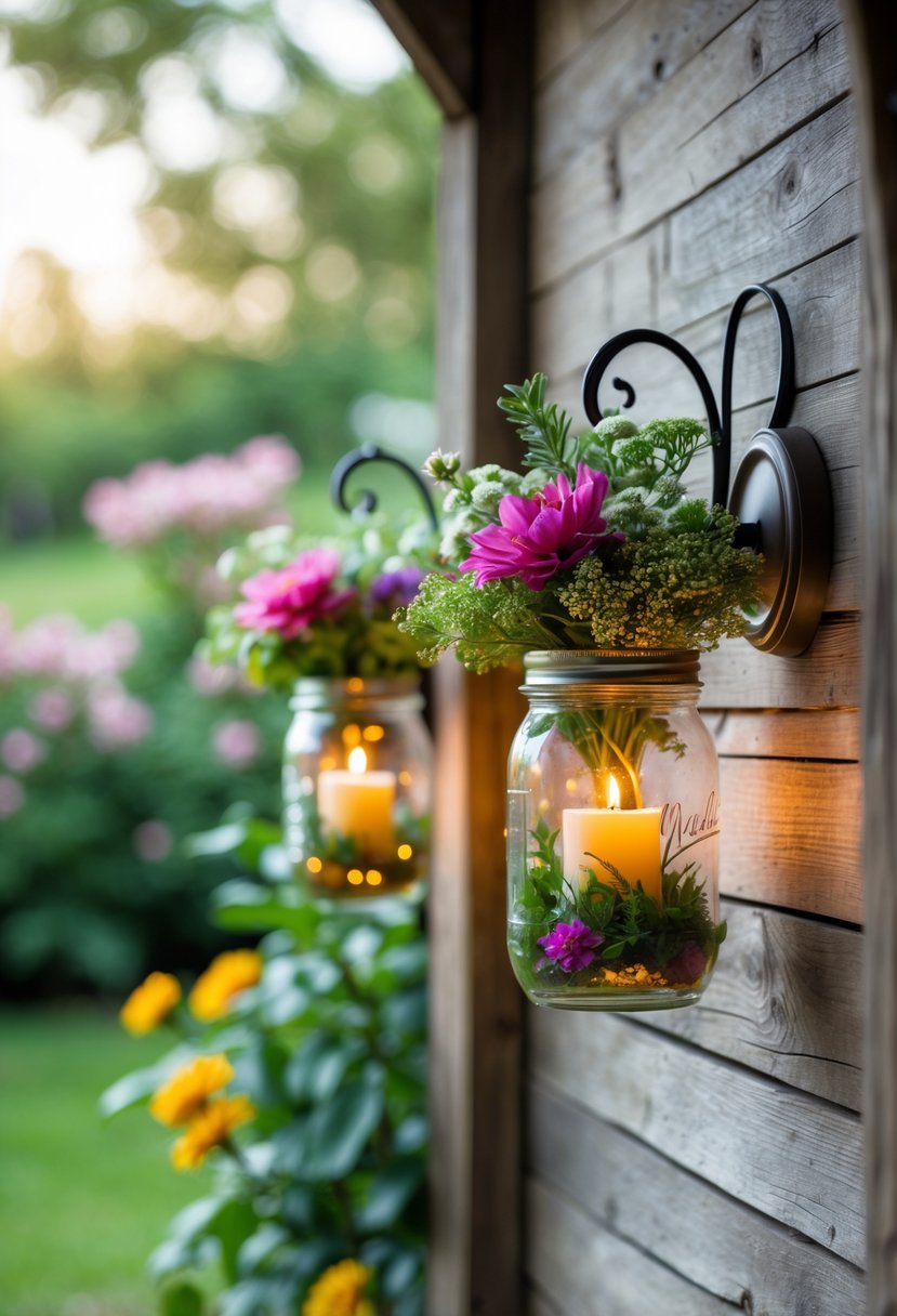 Two hanging mason jars filled with flowers and candles mounted on a wooden wall in a garden setting.