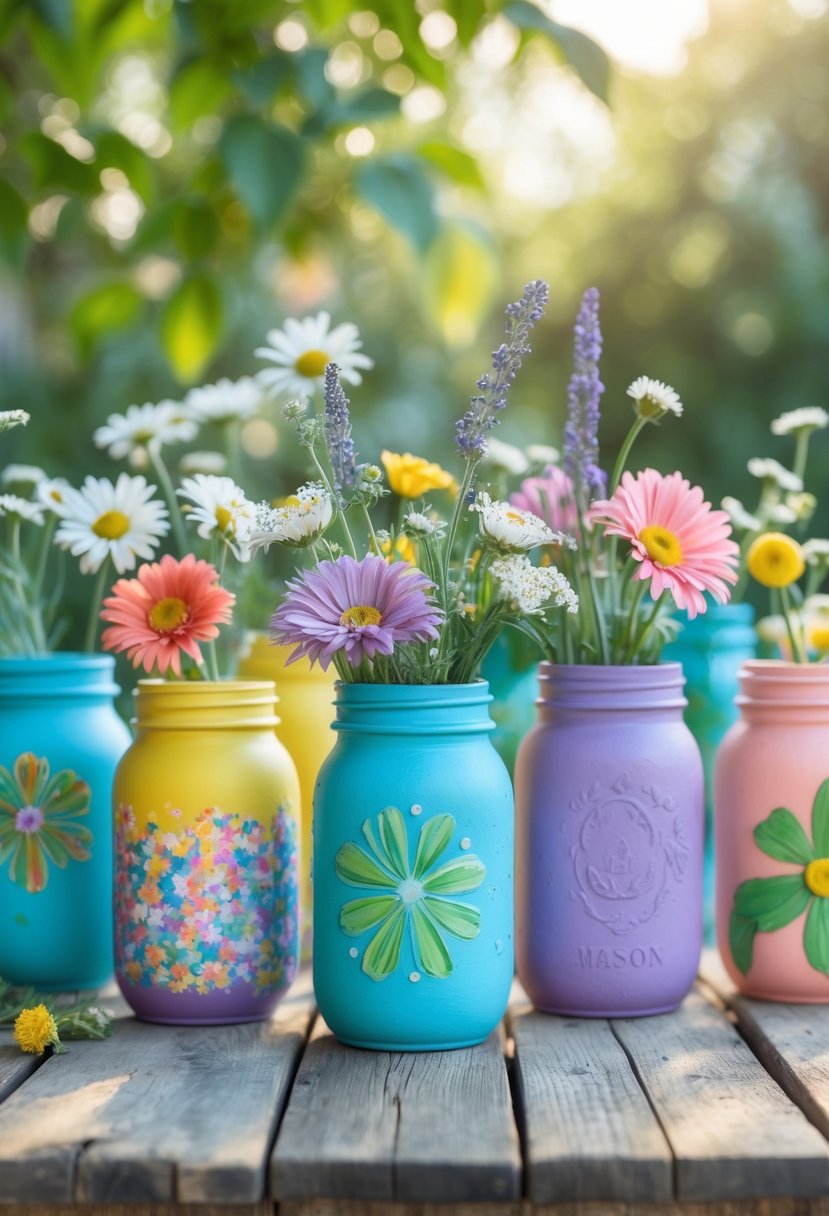 A collection of painted mason jar vases with flowers arranged on a wooden table in a garden setting.