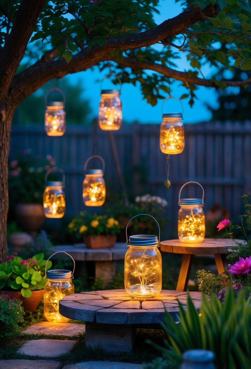 Several glowing mason jar solar lanterns hanging and placed in a garden with plants and flowers during twilight.