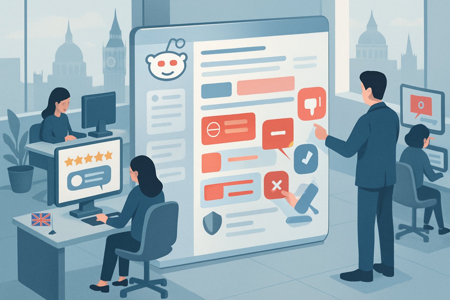 A digital office scene showing people working on computers to manage and remove negative online comments from a social media platform, with British business elements visible in the background.