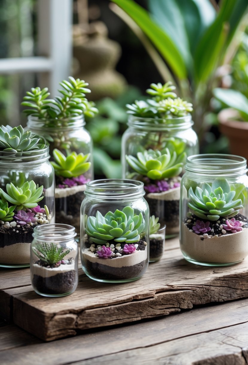 A group of mason jars filled with various small succulent plants arranged on a wooden surface with a garden background.