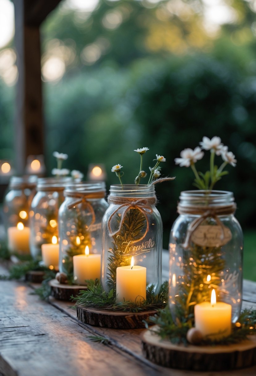 Several mason jars filled with lit candles and decorated with flowers and greenery arranged on a wooden table with a garden background.
