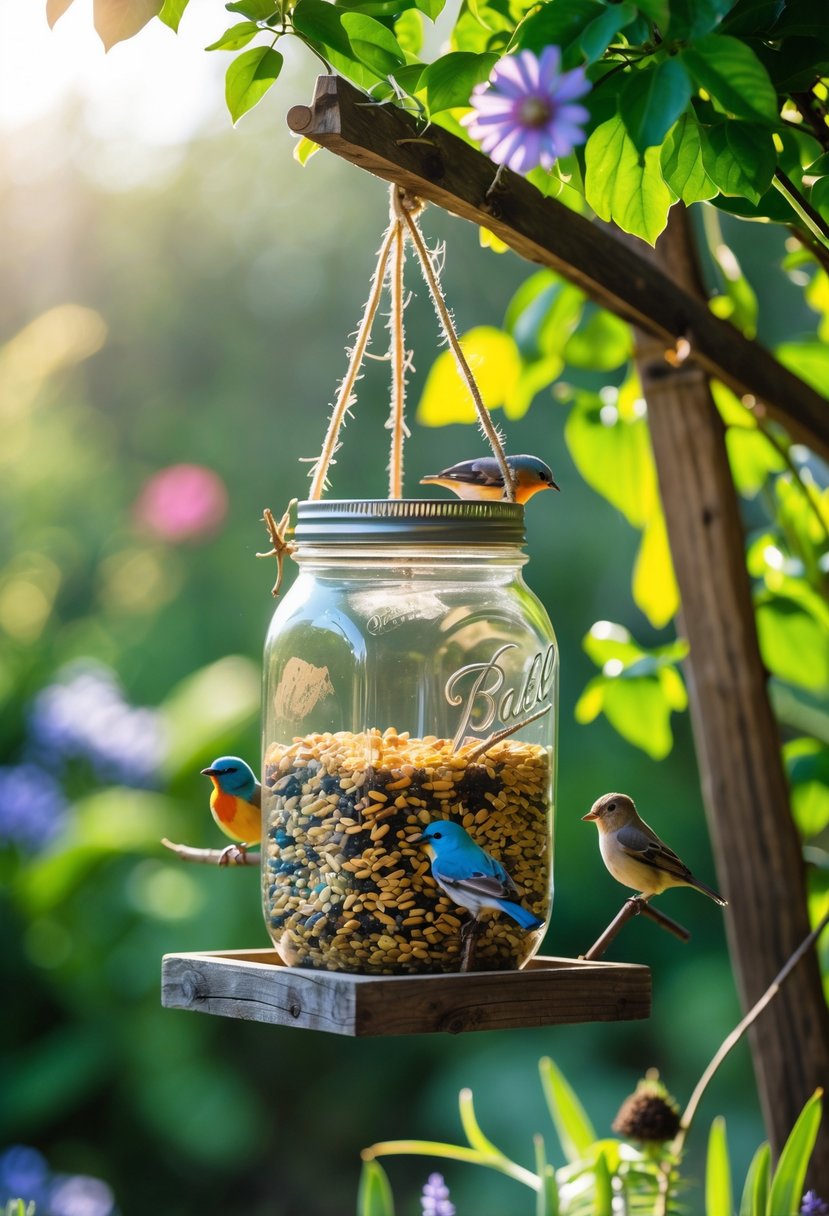 A mason jar bird feeder filled with birdseed hanging outdoors in a garden with green leaves, flowers, and small birds perched nearby.