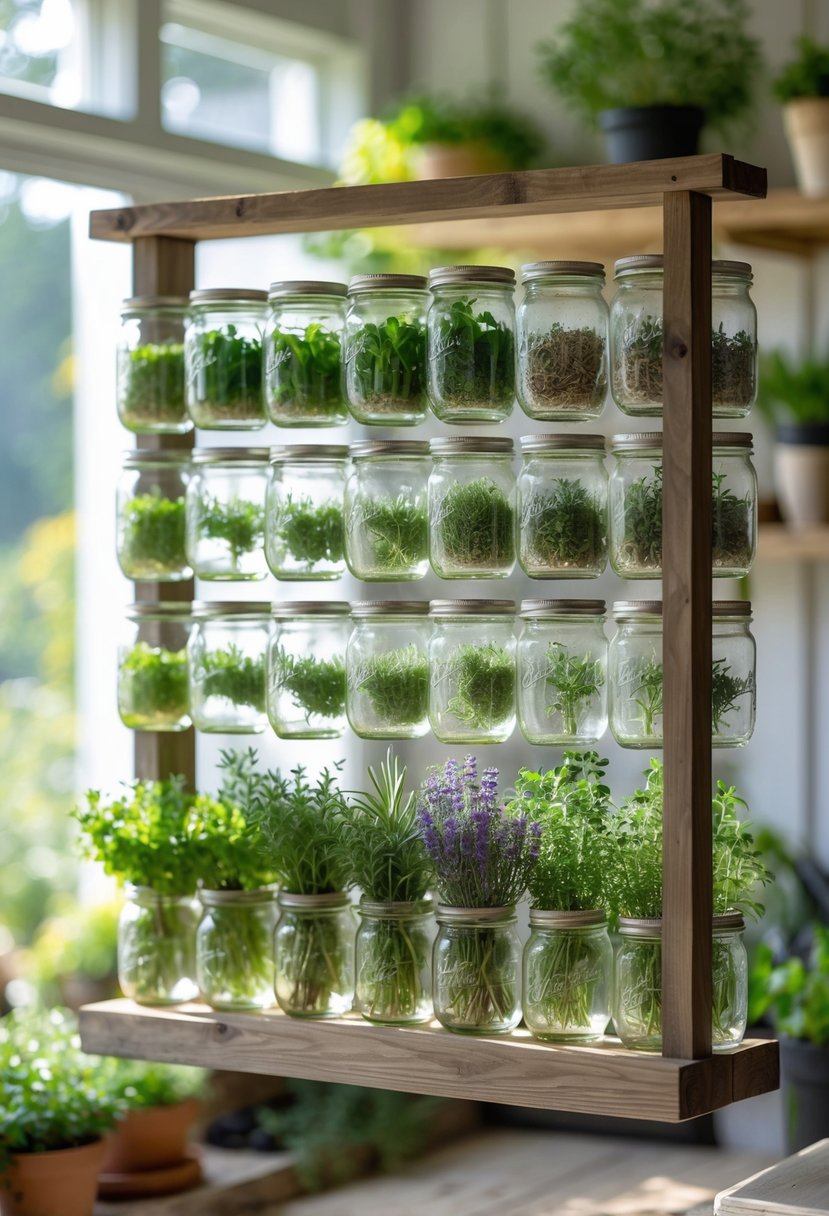 A wooden herb drying rack holding multiple clear mason jars filled with various fresh and drying herbs in a bright home garden setting.
