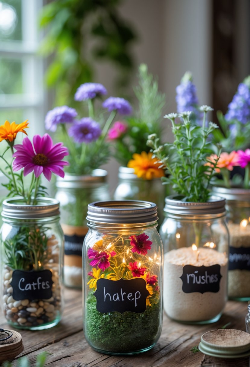 A collection of mason jars decorated with chalkboard labels, filled with flowers, herbs, and craft materials, arranged on a wooden table with a blurred natural background.
