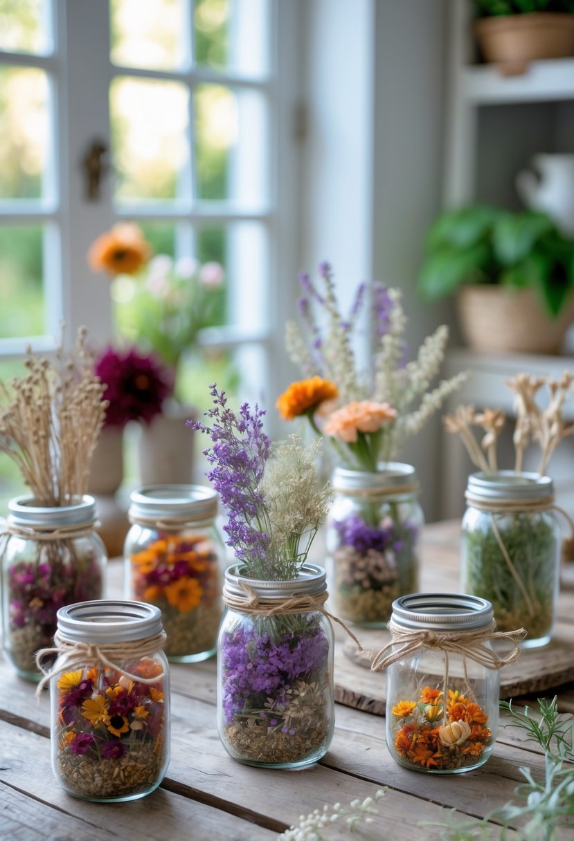 Several mason jars filled with colorful dried flowers and herbs displayed on a wooden table with plants and natural light in the background.