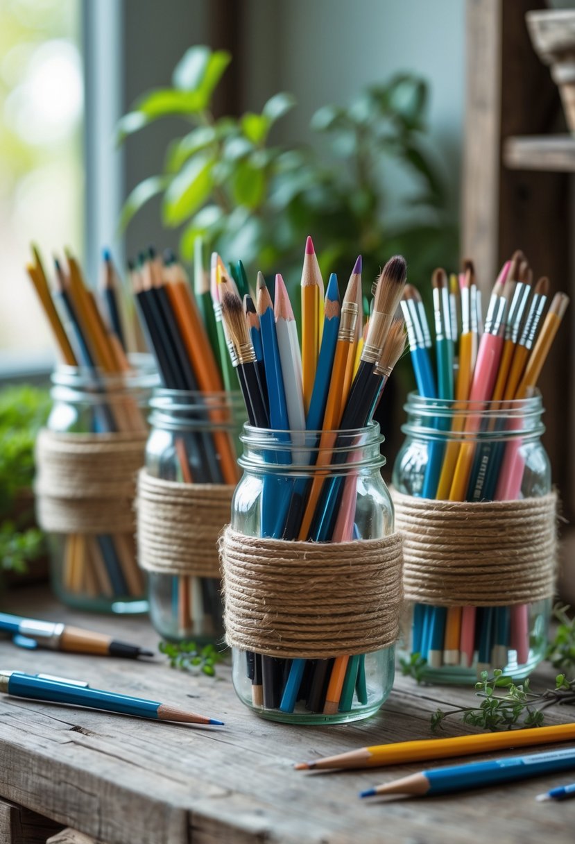 Mason jars wrapped with twine holding pencils and paintbrushes on a wooden desk with plants in the background.