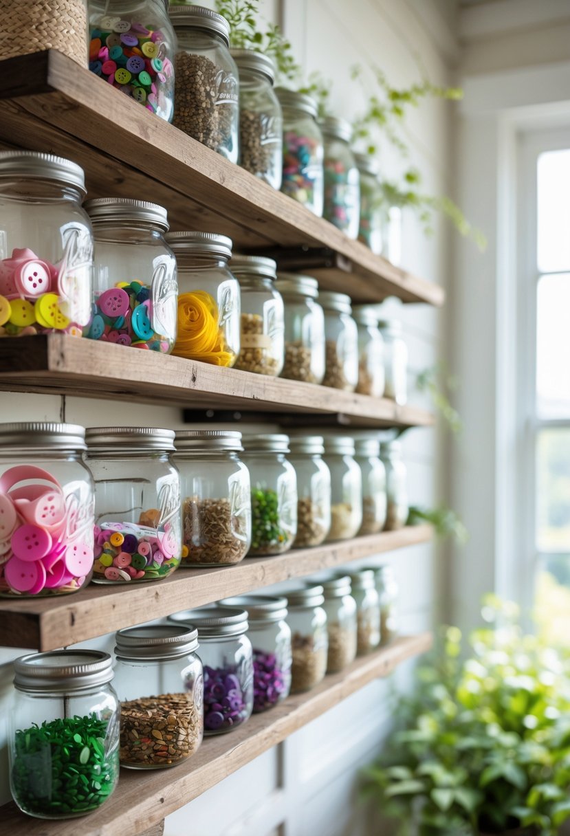 Wall-mounted wooden shelves holding clear mason jars filled with craft supplies in a bright home workshop.