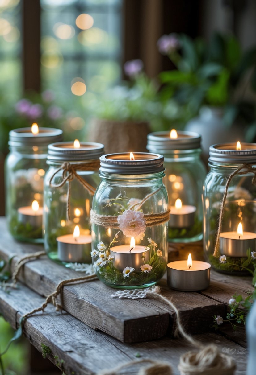 Several mason jars with lit tea light candles placed on a wooden table surrounded by plants and flowers.