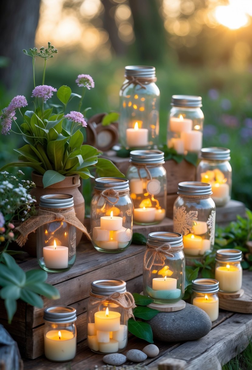 A collection of mason jars with floating candles glowing softly, arranged on wooden surfaces with flowers and greenery around them.