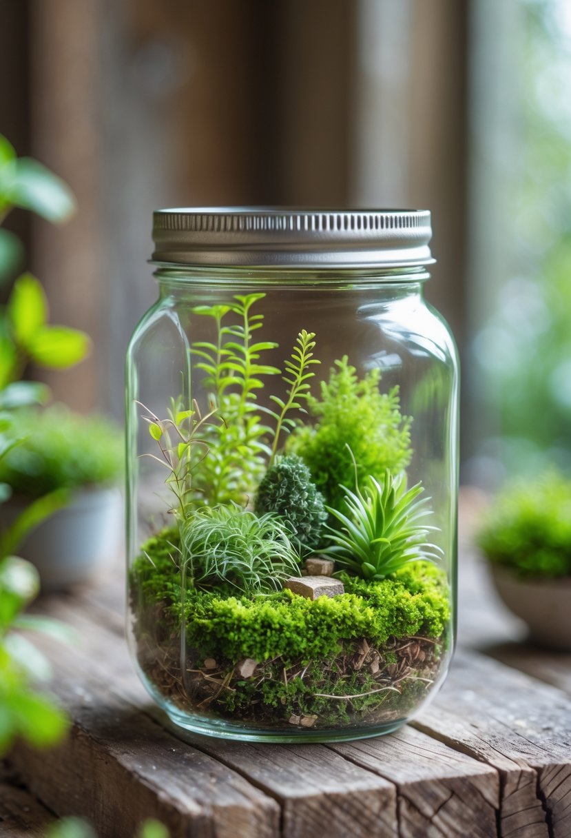 A mason jar terrarium filled with green moss and small plants sitting on a wooden surface.