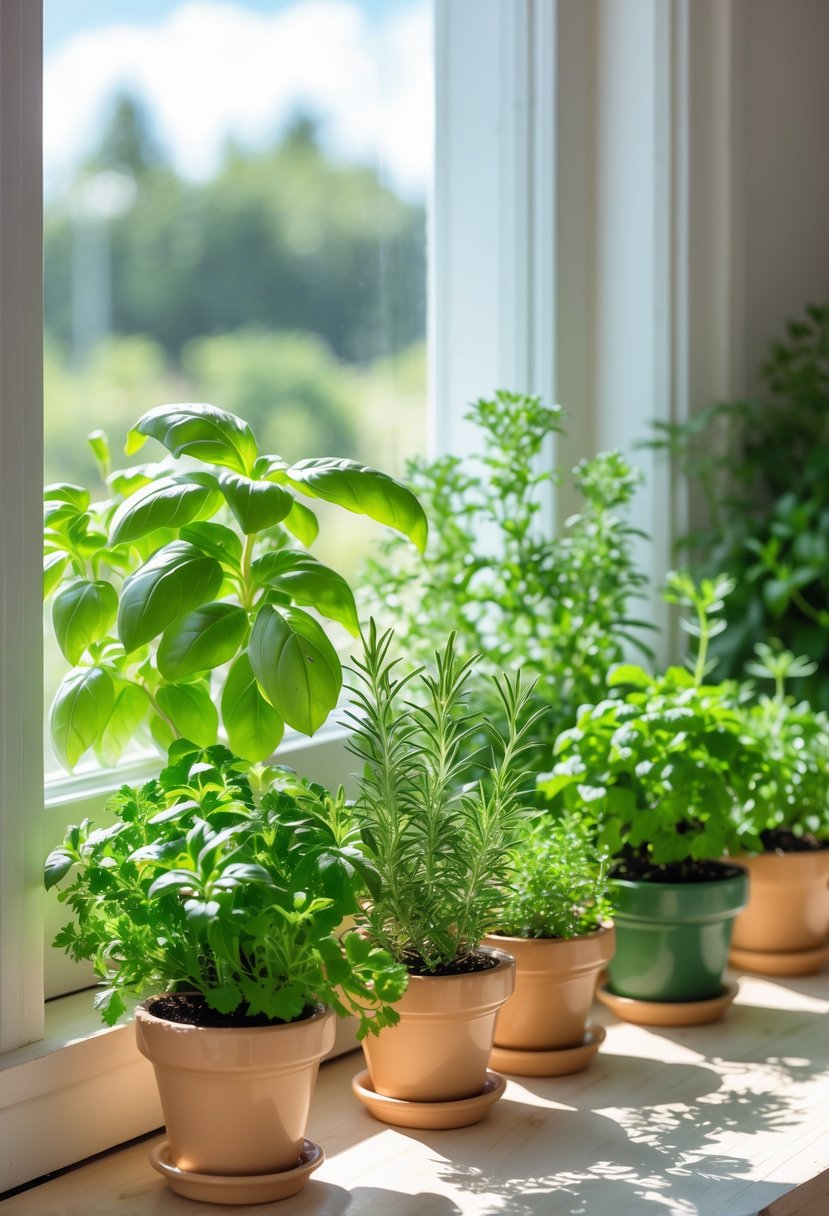 A sunny windowsill with several small pots of fresh green herbs growing in natural light.