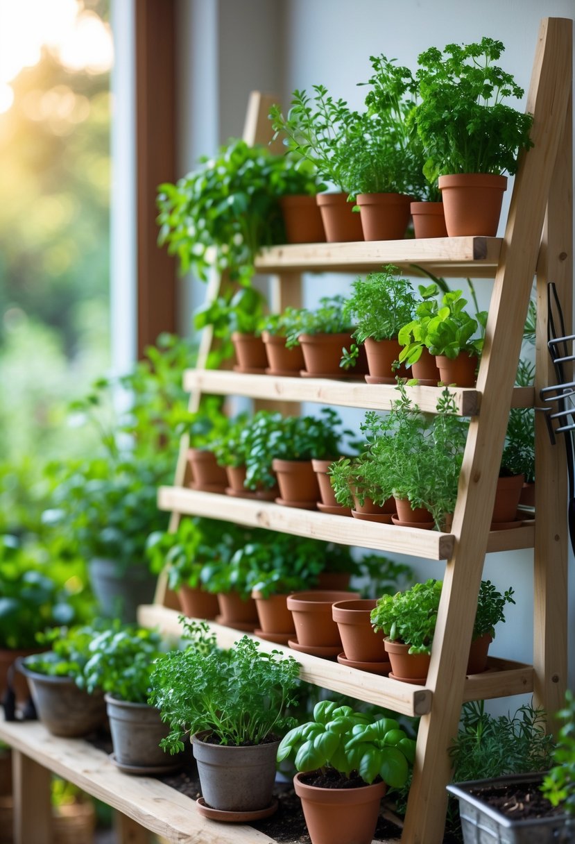 Tiered wooden shelves holding various potted green herbs arranged indoors with natural light.