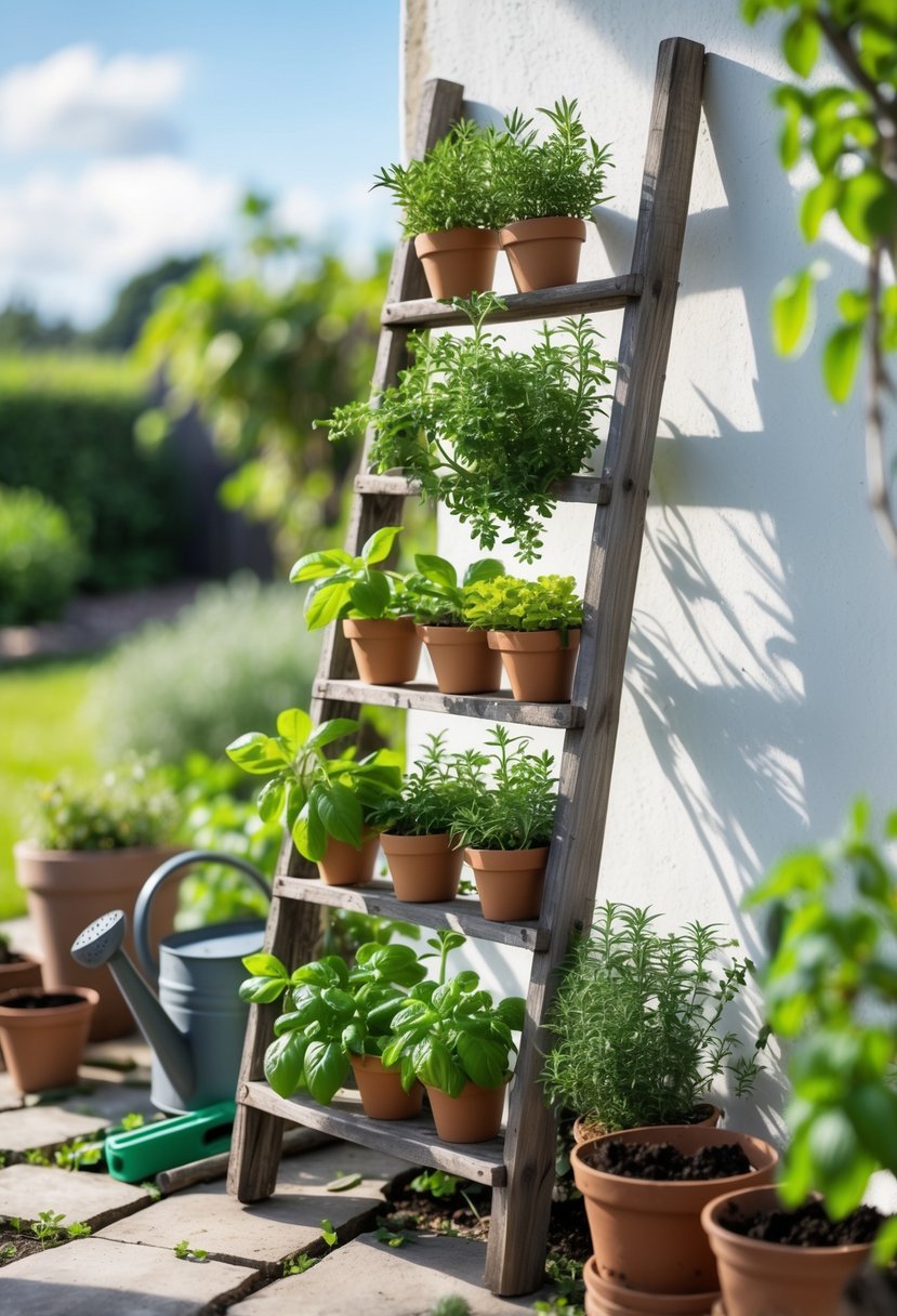 An old wooden ladder leaning against a wall, used as a rack holding pots of fresh green herbs in a garden setting.