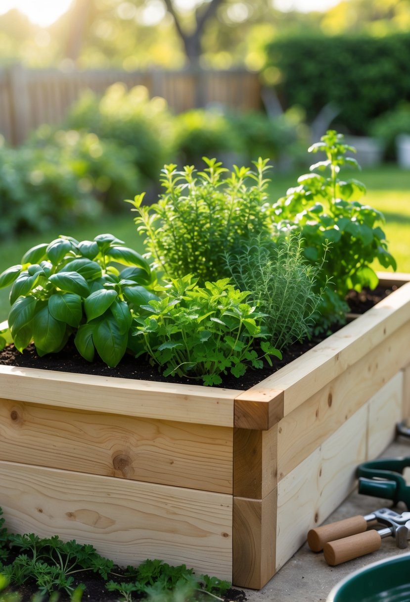 A raised wooden garden bed outdoors filled with various healthy herb plants like basil and rosemary, surrounded by garden tools and greenery.