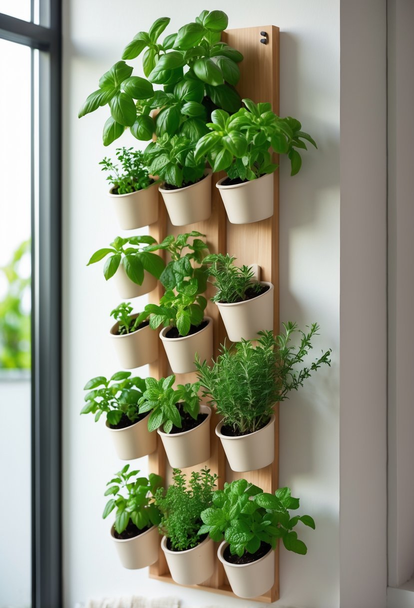 A wall-mounted vertical herb garden with several small pots of green herbs arranged in a wooden frame on a clean indoor wall.