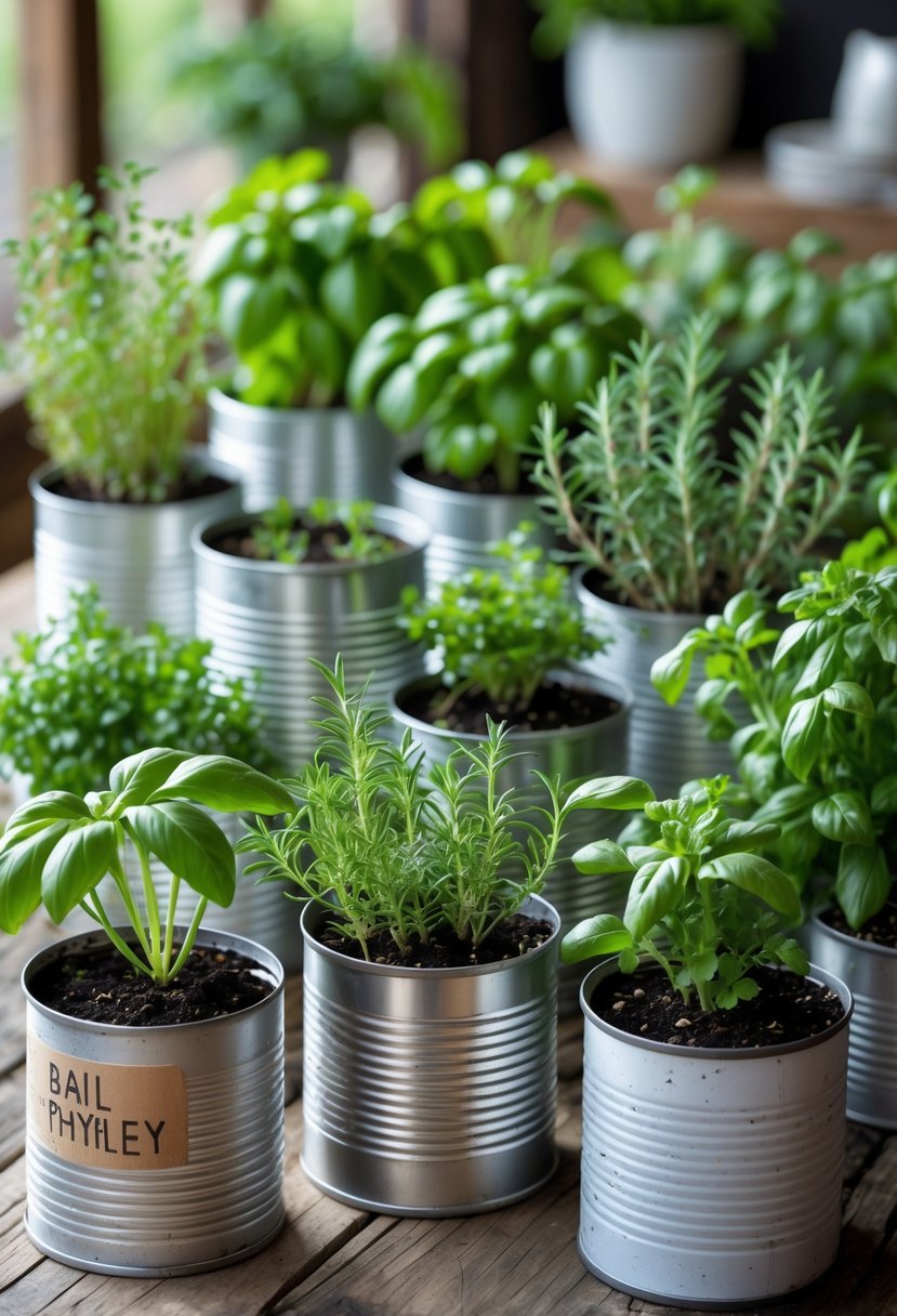 Several recycled tin cans used as planters filled with fresh green herbs arranged on a wooden table.