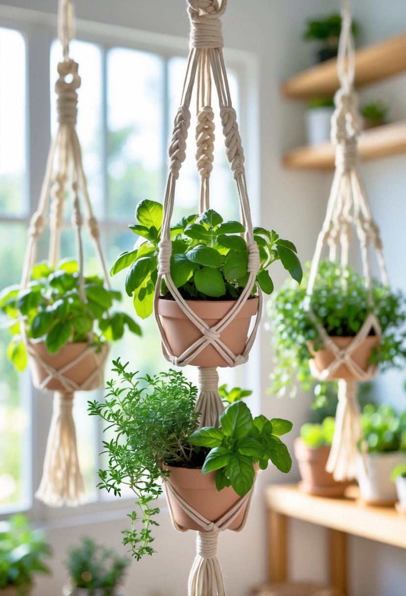 A hanging herb garden with green herbs in small pots held by macrame holders in a bright indoor space.